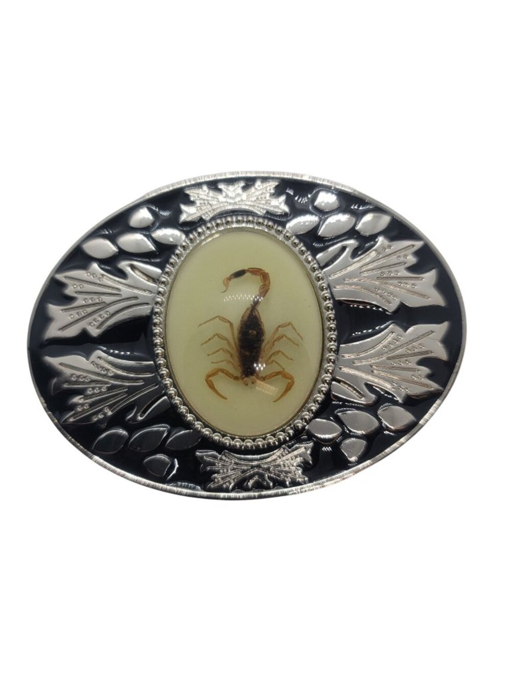 Oval Belt Buckle With Real Scorpion In Resin & Silver-Tone Western Design Glows